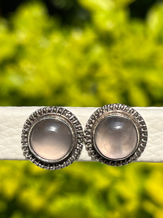 Rose Quartz Round Earrings - 950 Silver