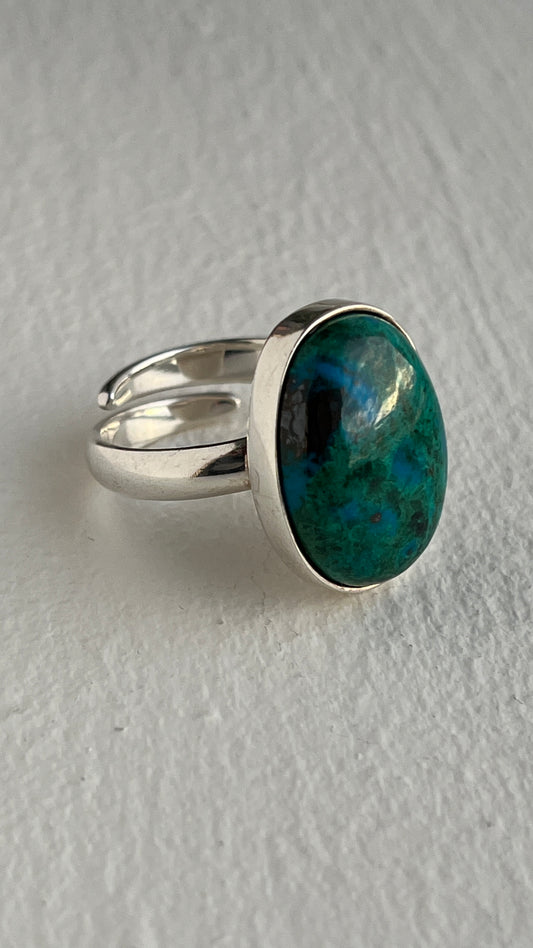 Adjustable Chrysocolla Ring - 950 Silver